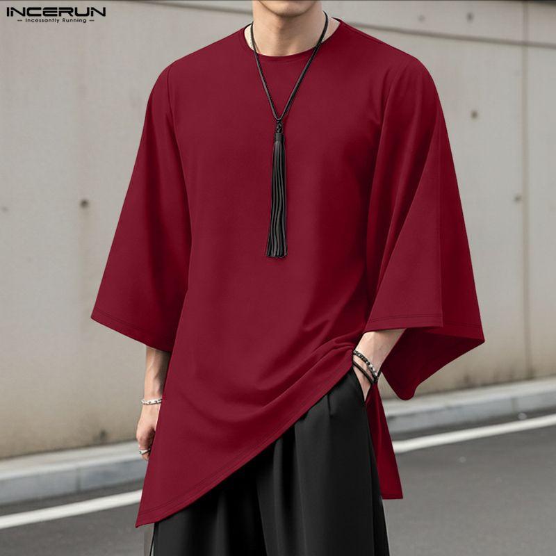 INCERUN Oversized Summer Men O Neck 3/4 Sleeve iIrregular Casual Long T-shirts Tee Tops