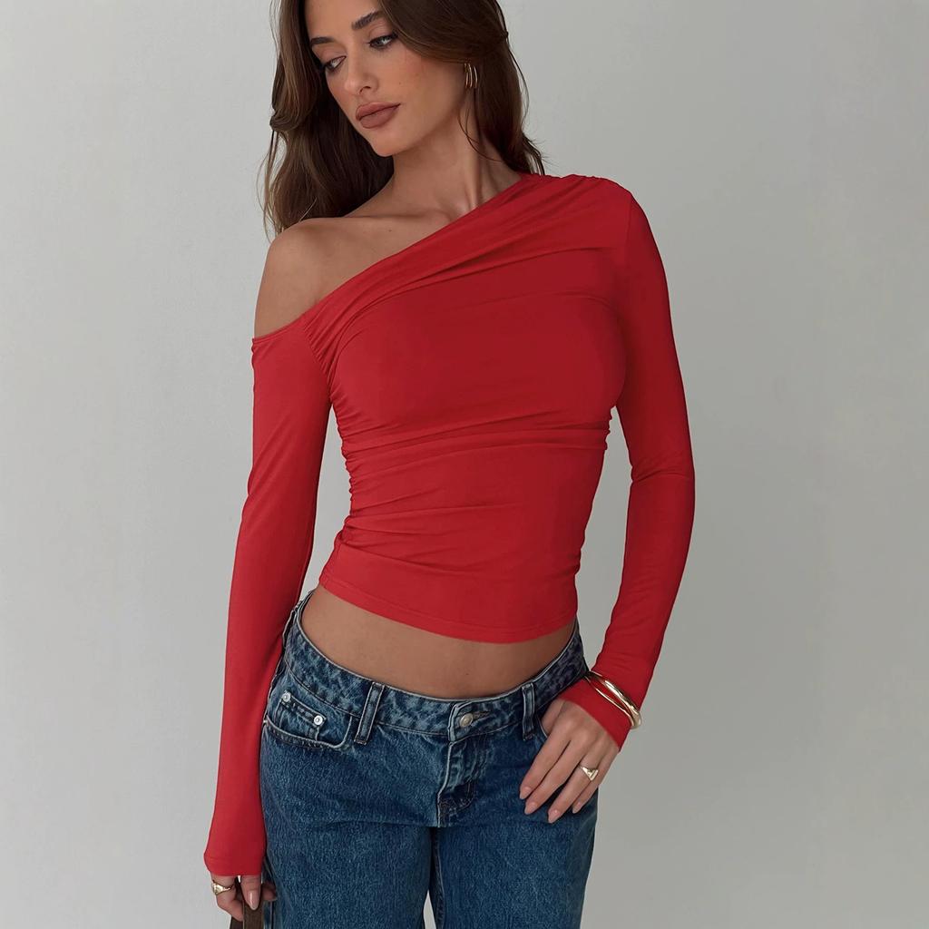 Hot-selling women's clothing in Europe and the United States, new summer products, fashion personality, oblique shoulder asymmetry, solid color, navel