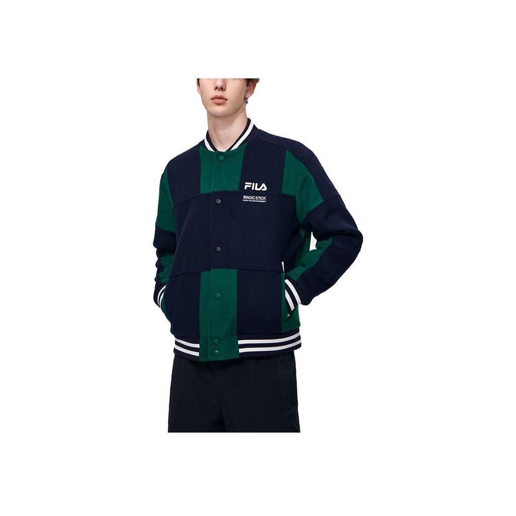 Fila Fleece Letter Embroidery Color Block Loose Long Sleeve Baseball Jacket Men Jackets Secret-Mirror-Blue F11M319701F