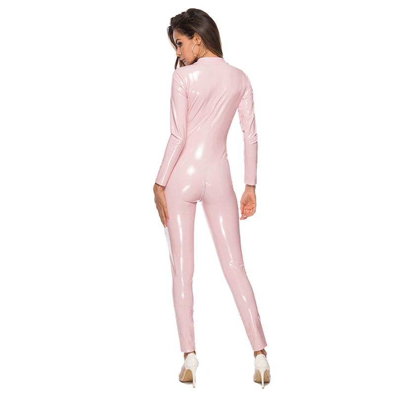 Women Faux Leather Catsuit PVC Latex Bodysuit Front Zipper Open Crotch Jumpsuits Stretch Bodystocking Erotic Costumes