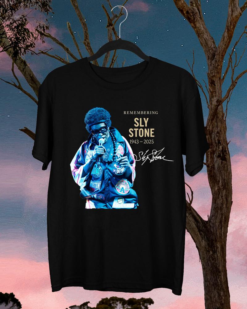 

Remembering Music Legend Sly Stone 1943-2025 T Shirt Black Full Size Unisex T-Shirt XL