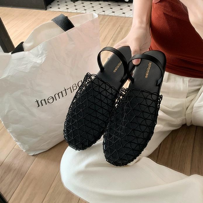 

Fashion Slippers for Women 2025 Summer New Mesh Hollow Out One-piece Strap with Toe Cap Flat Sandals for Women s Mesh Slippers Women 35 чёрный