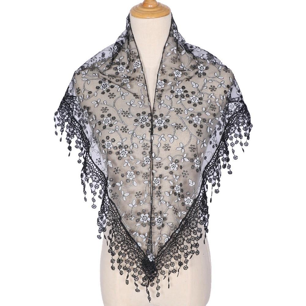 Floral Hollow Shawl Triangle Sequined Gauze Scarf New Lace Veil Headscarf