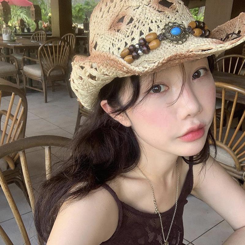 

American retro western cowboy hat for women, summer European and American hot girl vacation beach wide-brimmed jazz Panama straw hat Adjustable бежевый