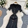Summer Women V-neck Exquisite Gold Button Birthdays Party Knitted Sweater Long Slim Boycon Pencil Dresses