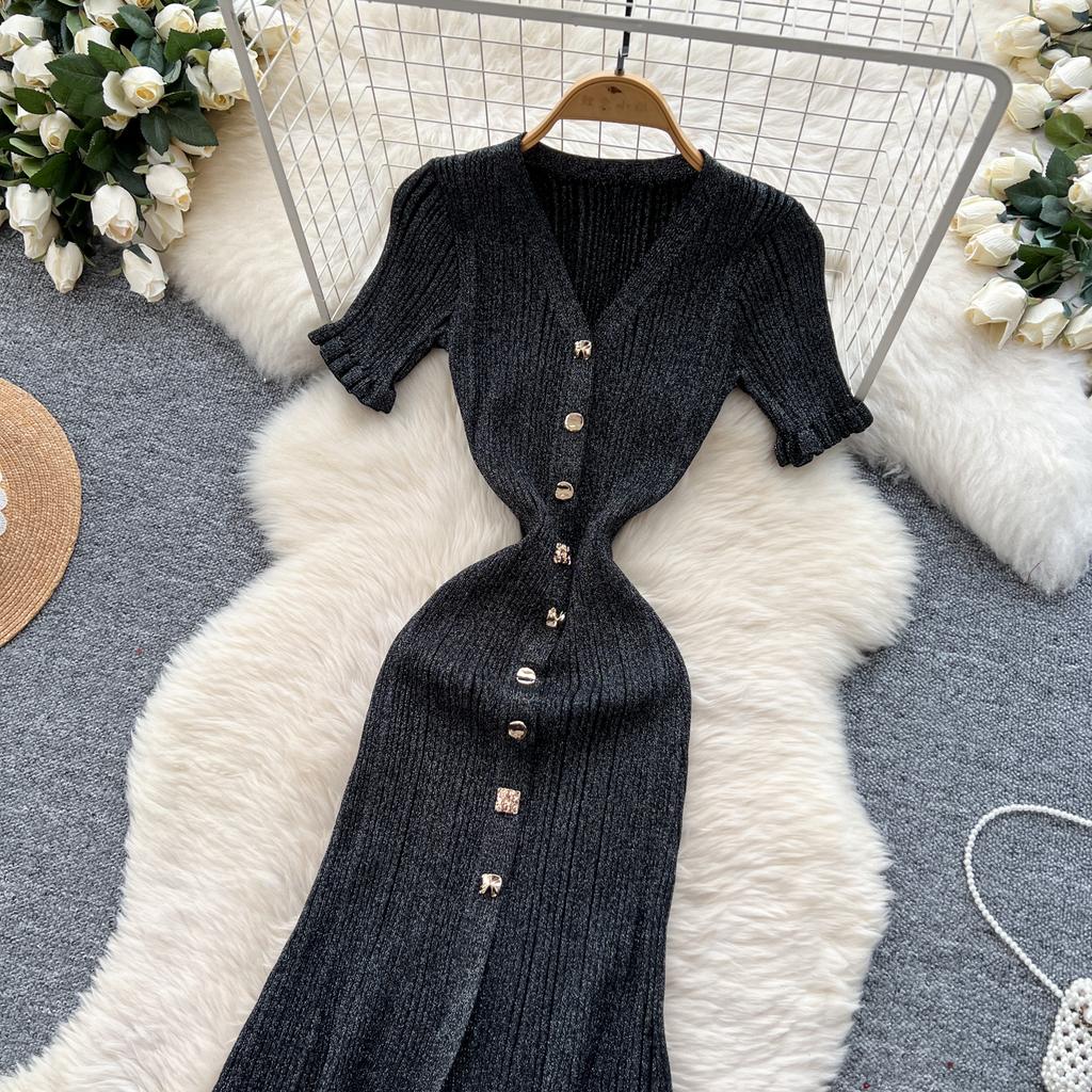 Summer Women V-neck Exquisite Gold Button Birthdays Party Knitted Sweater Long Slim Boycon Pencil Dresses