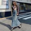 Spring 2025 High-Waist Denim Fishtail Midi Skirt: Trendy Slimming Hip Skirt for Women