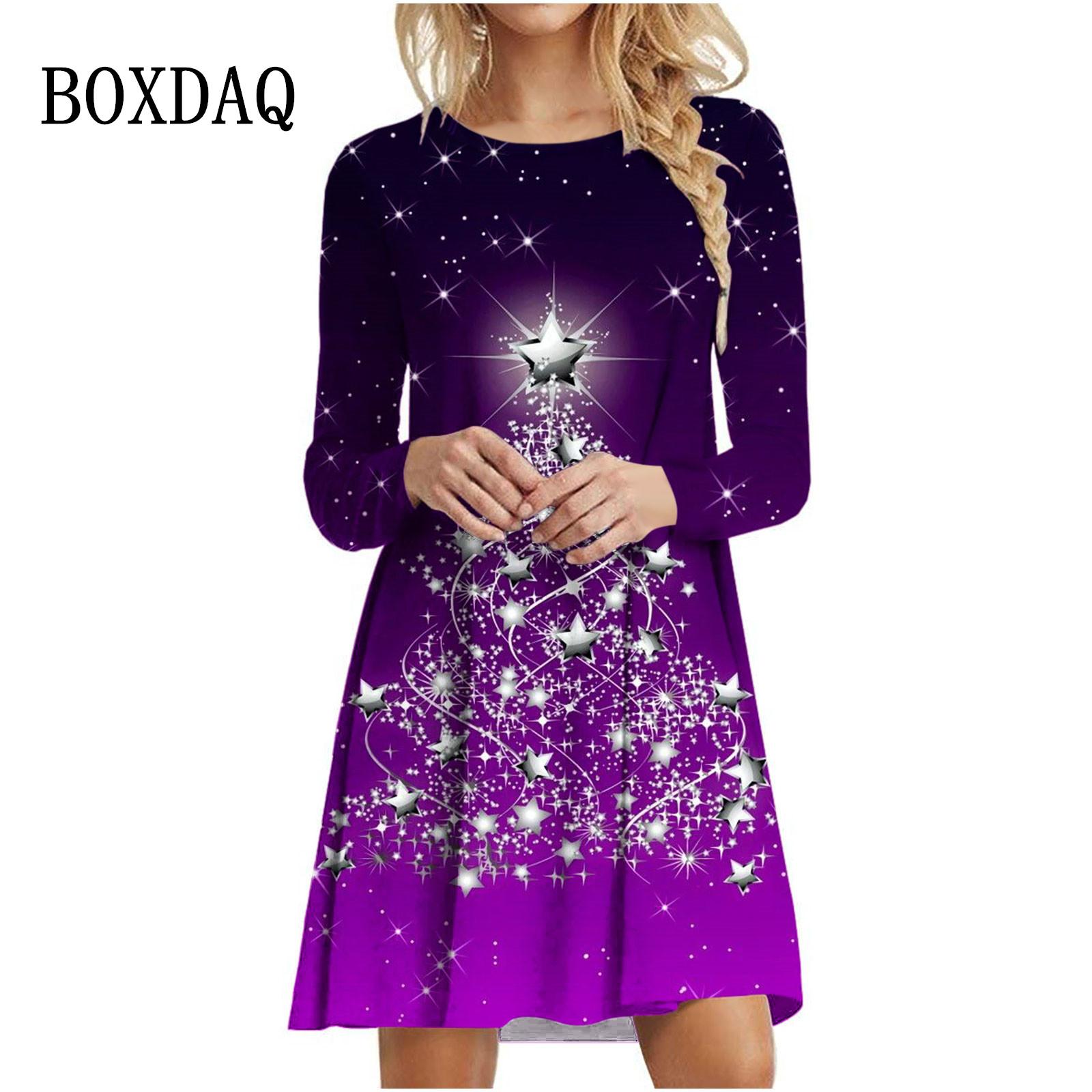 Shiny Stars Christmas Tree Print Dress Elegant Women Fashion Long Sleeve Loose Dress S
