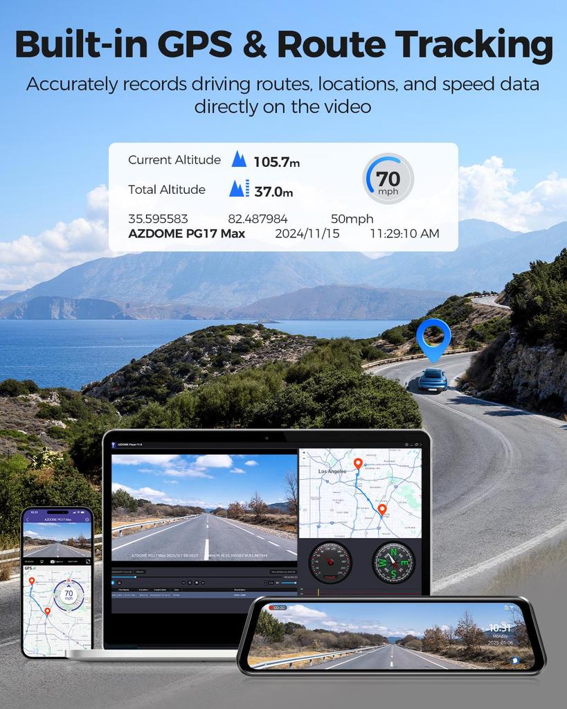 AZDOME PG17 Max 4K+2.5K Mirror Dash Cam with ADAS BSD and LCA 12" Rear View Mirror Camera with 5GHz WiFi Includes 64GB Card