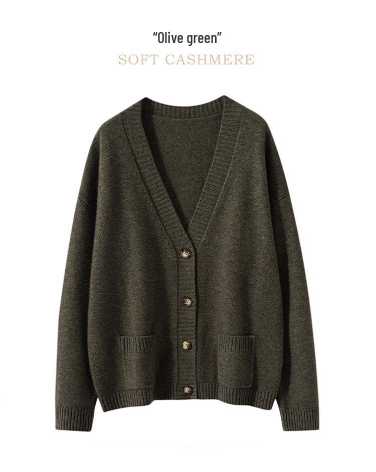 Women's Minimalist V-Neck Cashmere Cardigan - Buttoned, Thick, Wool Sweater Coat