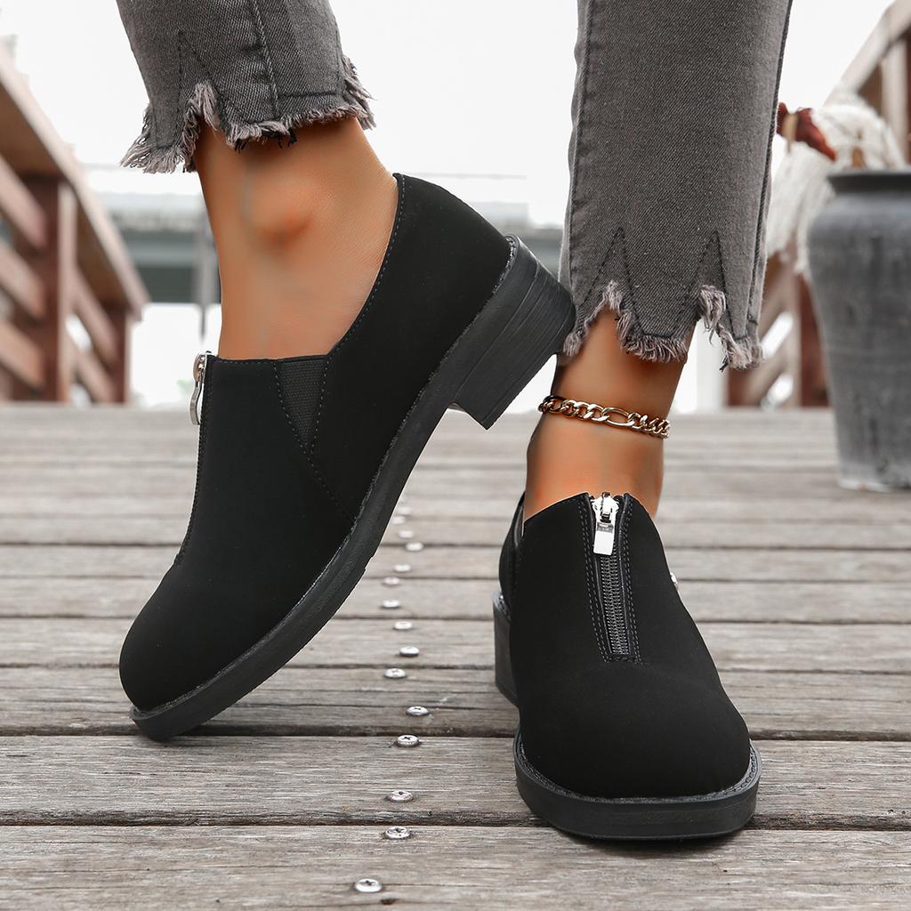 Foreign Trade Large Size Single Shoes Women's 2025 New Autumn and Winter Platform Front Zipper Riveting Women's Shoes Manufacturer