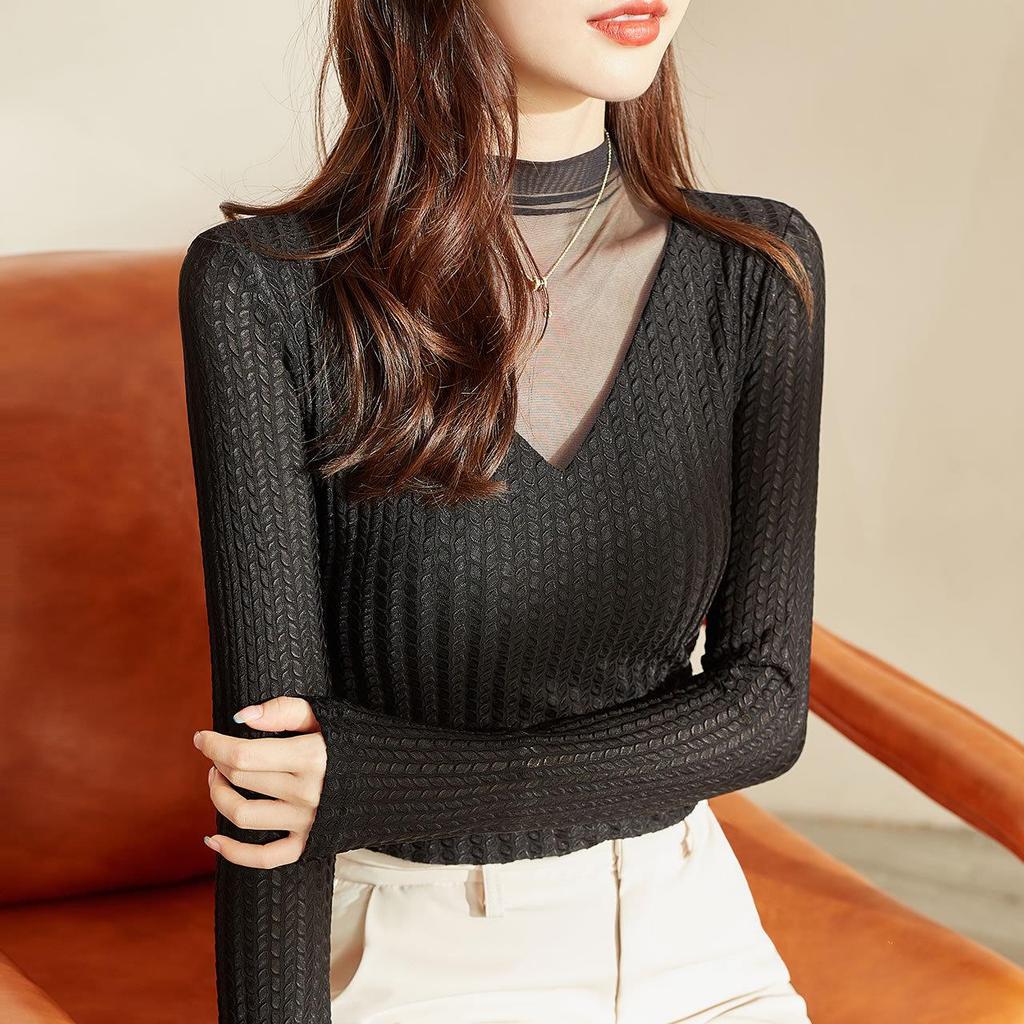 2023 Women's Autumn Long-Sleeve Lace Mesh Top with Half-High Collar