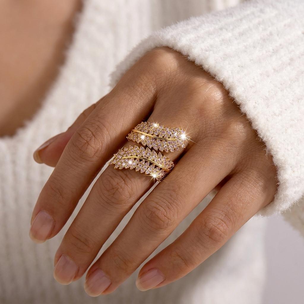 Fashion Cubic Zirconia Leaf Shaped Opening Ring For Women Sparkling Crystal Leaves Adjustable Finger Rings Wedding Party Jewelry