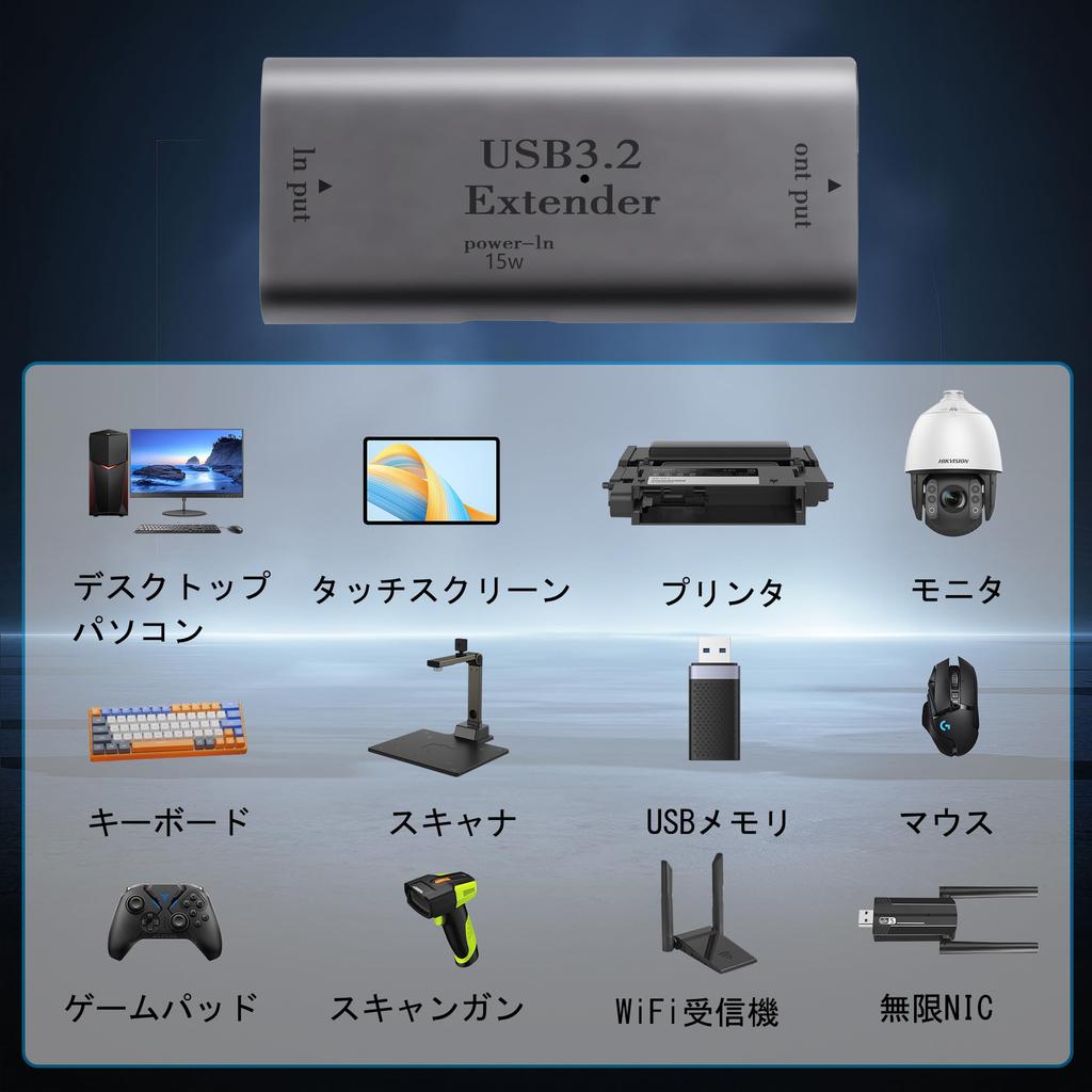 SinLoon Extender USB 3.2 Signal Amplifier 5Gbps Dual USB-A Port Adapter with 15W PD Type-C Charging Port; Compatible with Surveillance