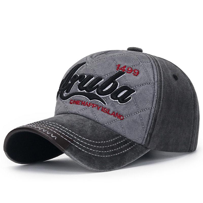 Retro Aruba 1499 Quilted Baseball Cap Unisex Washed Denim Style Dad Hat 3D Letter Embroidery Pu Leather Brim Snapback Sun Cap