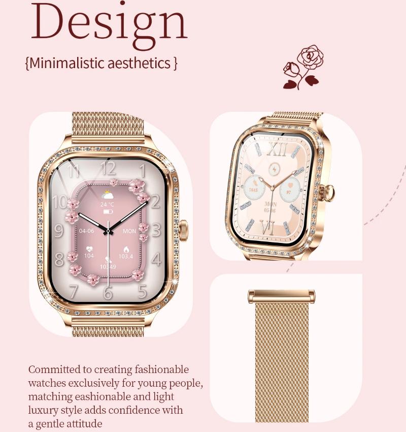 Móda Nové Dámské Chytré Hodinky AMOLED Zakřivená Obrazovka IP68 Vodotěsné Hlasové Bluetooth Volání Monitor Srdečního Tepu Krevního Tlaku Zdravotní Chytré Hodinky