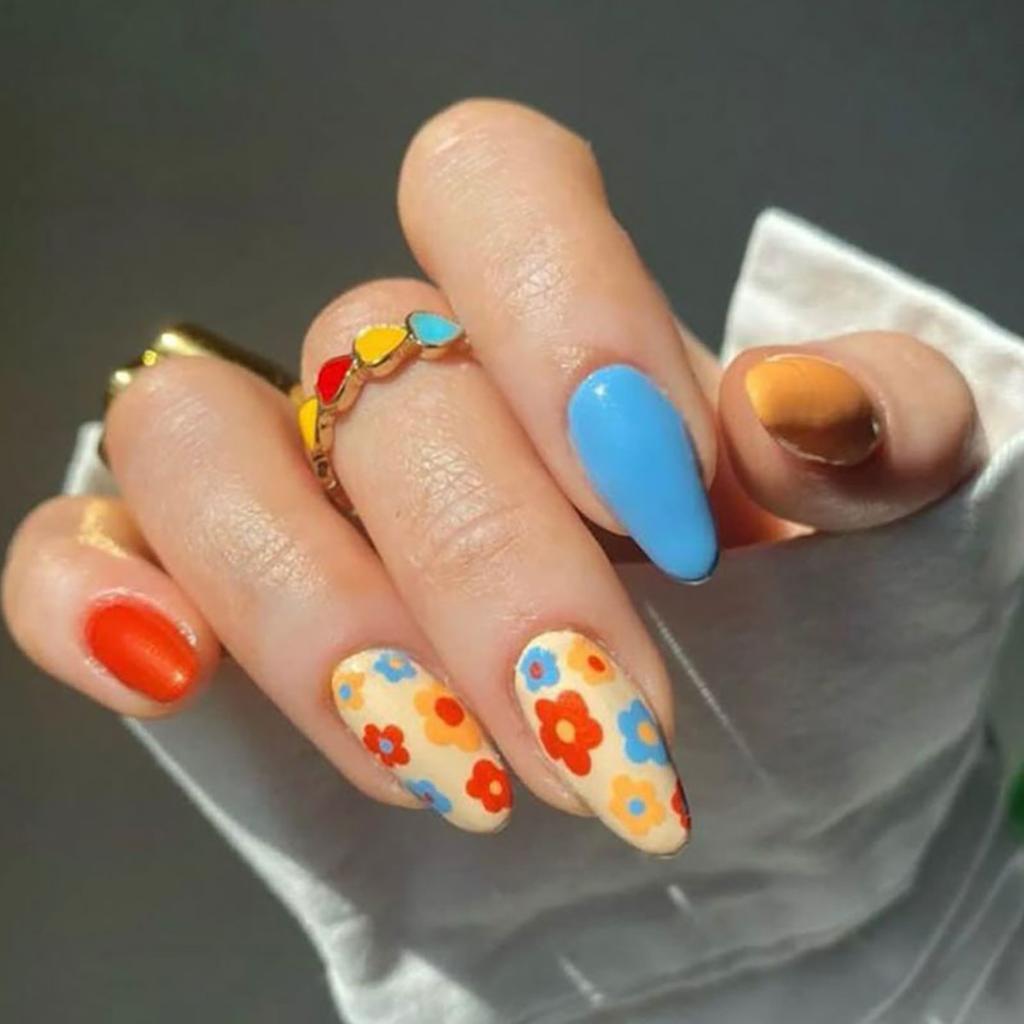 24PCS Playful Retro Almond Stick on Fake Nails Colorful Swirl Stripes with Checkered Patterns Short Oval False Nails Sweet Cool