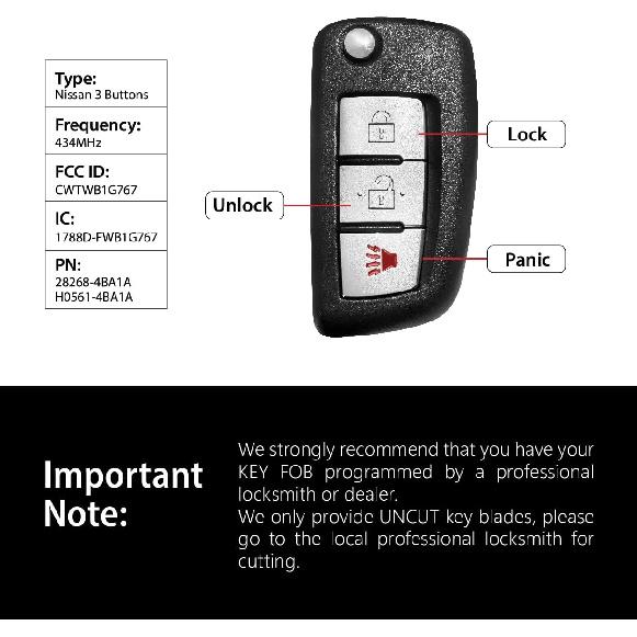 Replacement For 2014 2015 2016 2017 2018  Nissan Rogue Key Fob Remote Control CWTWB1G767 3 Buttons 434MHz