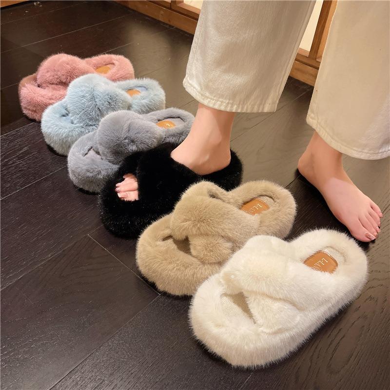 Mao Mao shoes autumn and winter new size one-character women's slippers comfortable foot cross wool shoes
