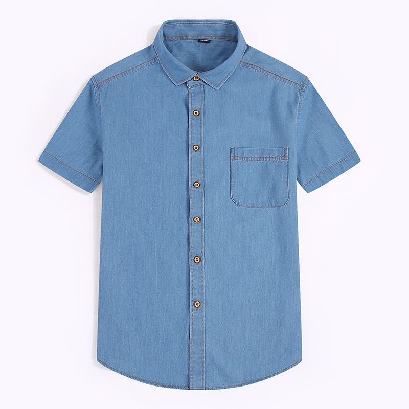 

Men s Dark Blue Short Sleeve Denim Shirt - Contrast Stitch Casual Button Down with Pocket M світло-синій колір
