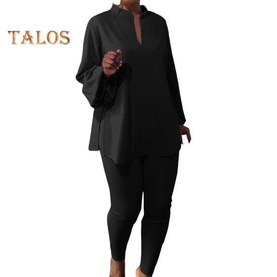 

2 шт./компл., женский топ, брюки, комплект с воротником-стойкой и длинным рукавом, свободная блузка с разрезом по краю, эластичная талия, облегающие брюки, повседневная одежда, летняя одежда 3XL чёрный