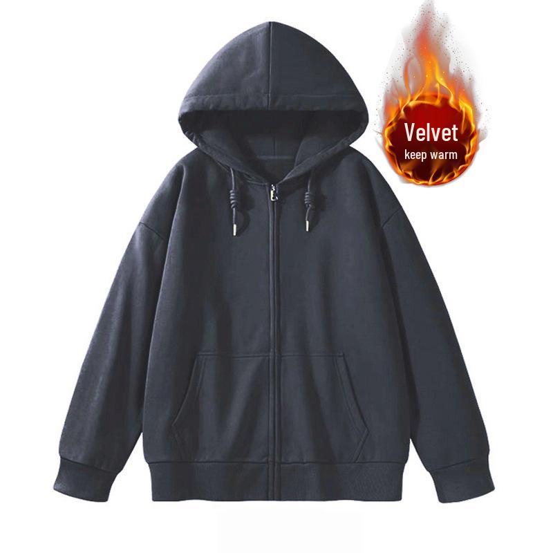 Felpa con cappuccio e zip foderata in pile da donna - Stile coreano pigro, Cardigan spesso per la primavera e l'autunno 2024.