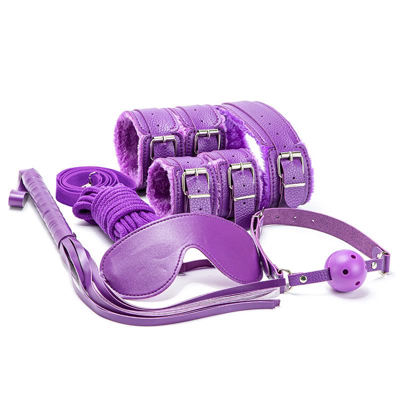7-Piece Erotic SM Set: Plush Handcuffs, Leather Whip, Binding Restraints & More.