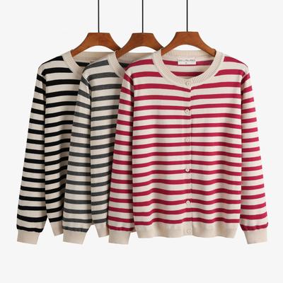 Early Spring Large Size Women's Striped Knitted Cardigan Simple Round Neck Korean Version Thin Age-reducing Sweater 110kg
