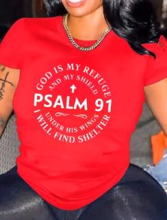 "God Is My Refuge and My Shield" Print Casual Short Sleeve Polyester Women's Inspirational Psalm Graphic Tee