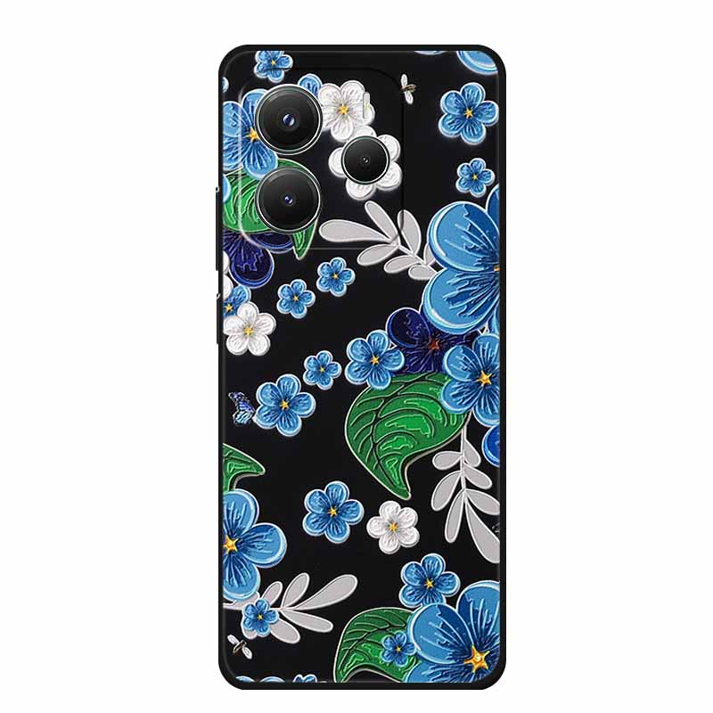 3D Emboss Case For Xiaomi Redmi Note 14 Phone Case Flowers Black Silicone Soft Back Cover Coque For Redmi Note 14 5G Global Case