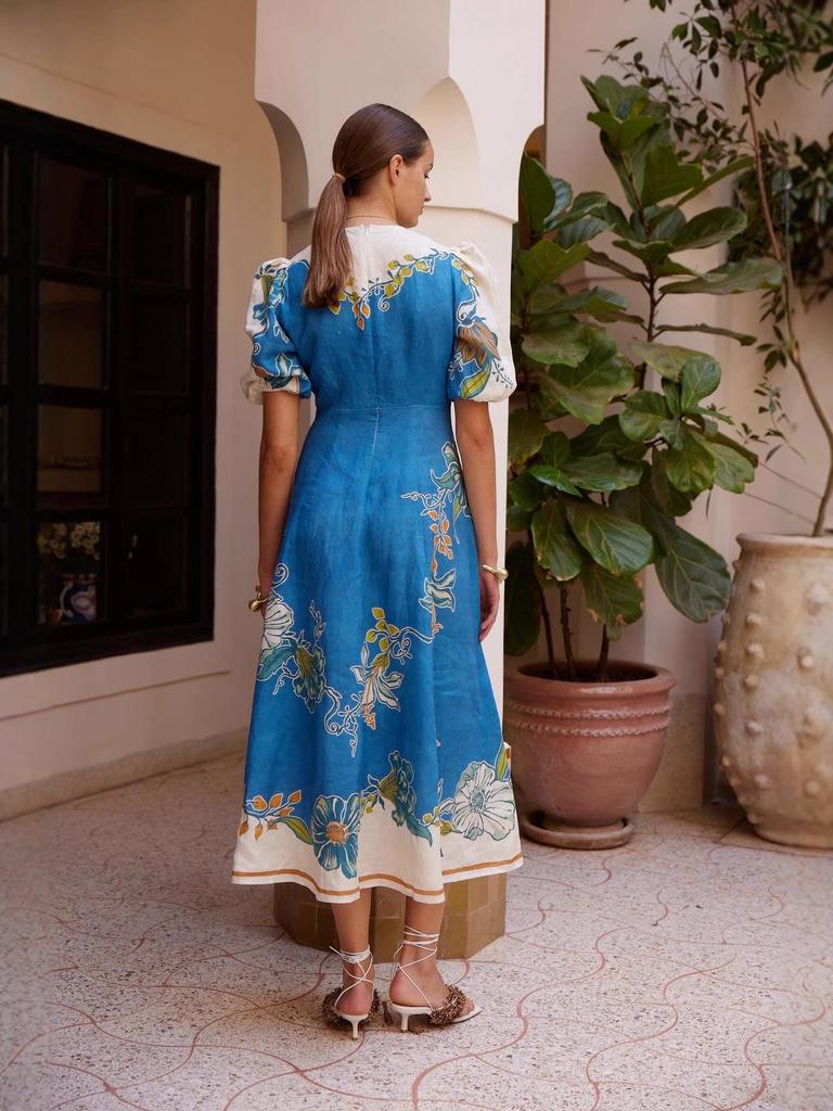 2025 Floral Linen Lantern Sleeve Dress with Round Neck and Waist-Cinching Design