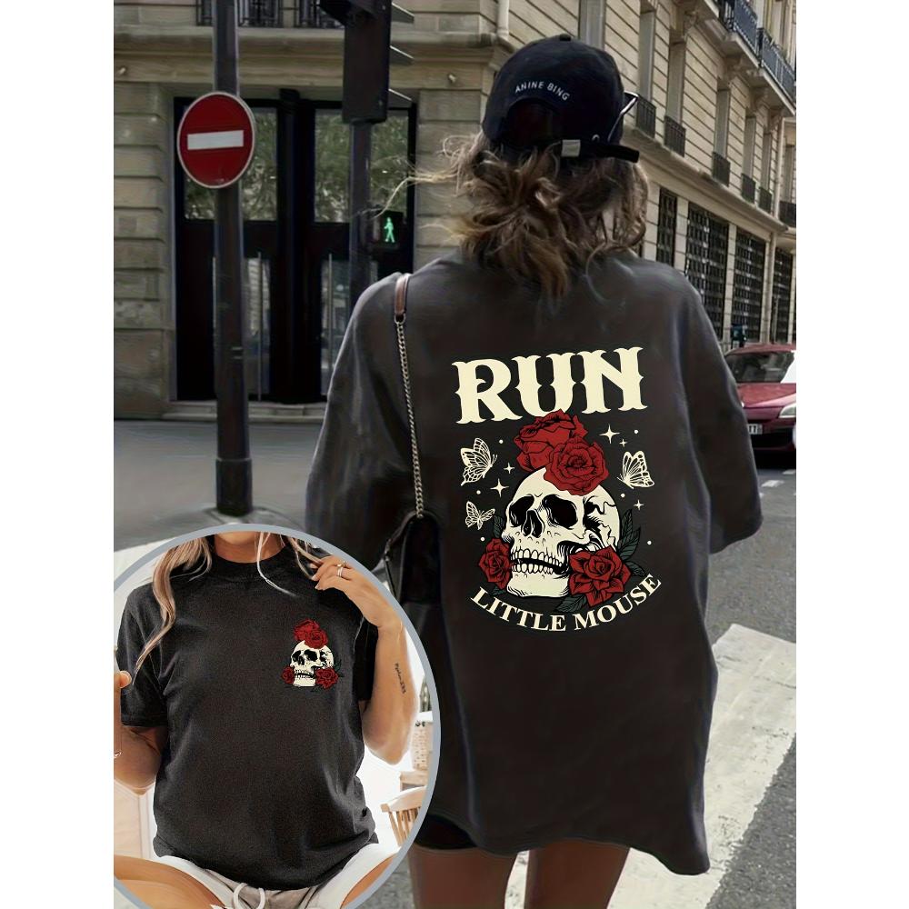 

Run Little Mouse Skull & Roses Women s Tee - Edgy Gothic Graphic, Casual Punk Top S