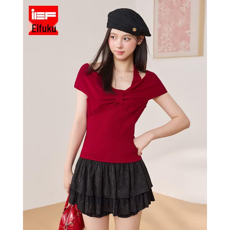 IEF 2026 Summer Halter Bow Knit Off-Shoulder Top