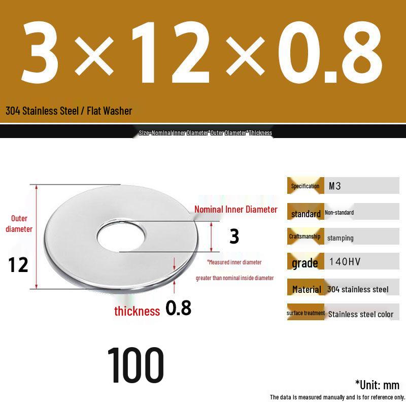304 Stainless Steel Thickened Flat Washer Set, Sizes 2-36