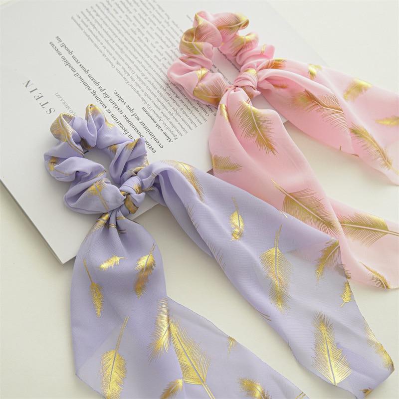 Korean Chiffon Feather Hair Ribbon Scarf Vintage Simple Hair Loop Tie Elastic Hairband For Women Girl Hair Accessories Headbands
