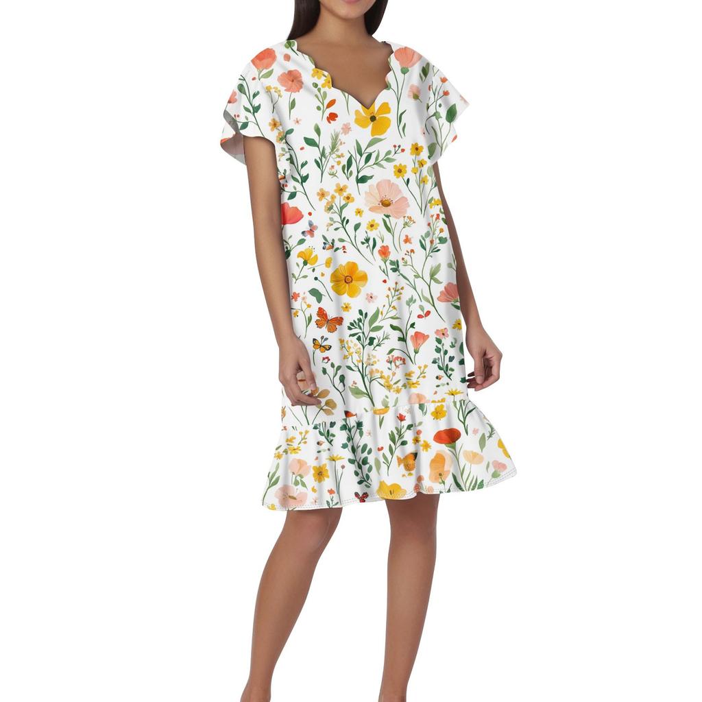 Women's Fashion Casual V Neck Wavy Edge Floral Print Short Sleeve Dress