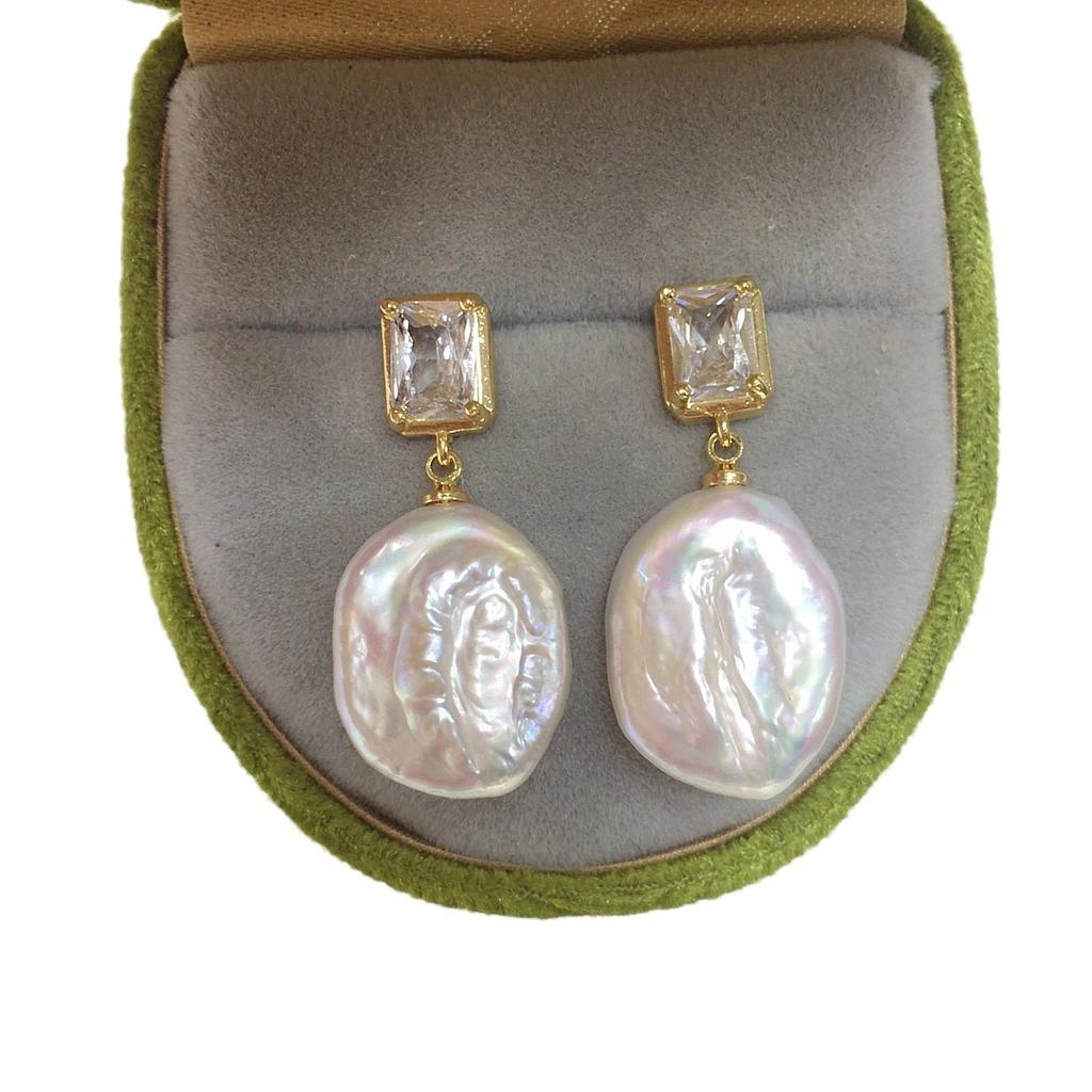 Nieuwe Origin Natuurlijke Zoetwaterparel Stud Oorbellen Dames Licht Luxe High-end Vierkante Zirkonia Barokke Parel Oorbellen