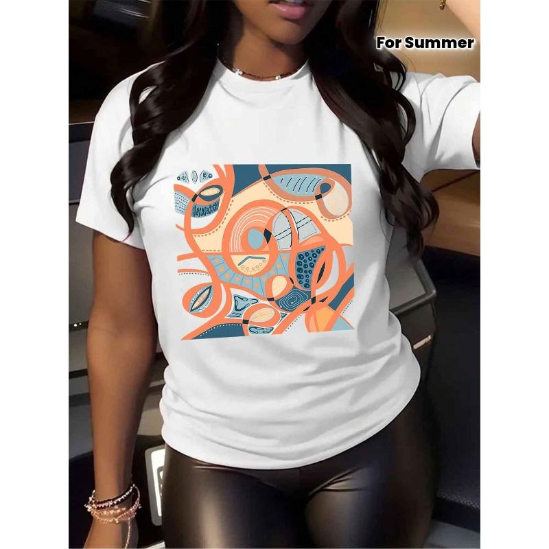 

Wo S White Abstract Art T-Shirt | Vibrant Orange Blue Black Pink Modern Greek Key Celtic Knot Print | Casual Summer Top With S белый