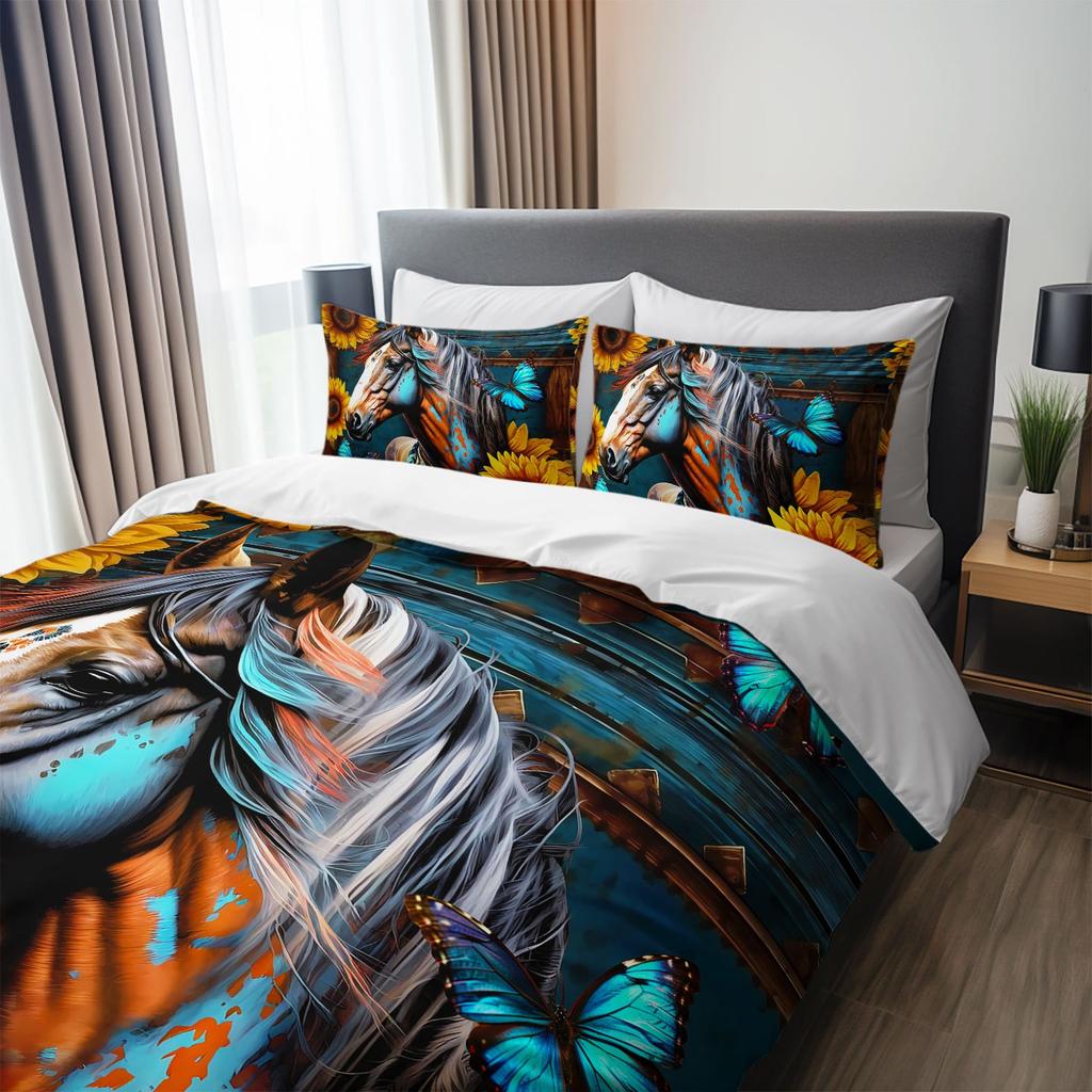 3pcs Sunflower Horse Butterfly Bedding Duvet Cover Set Bohemian Horse Bedding Set Bohemian Themed Bed Quilt Set Western Style