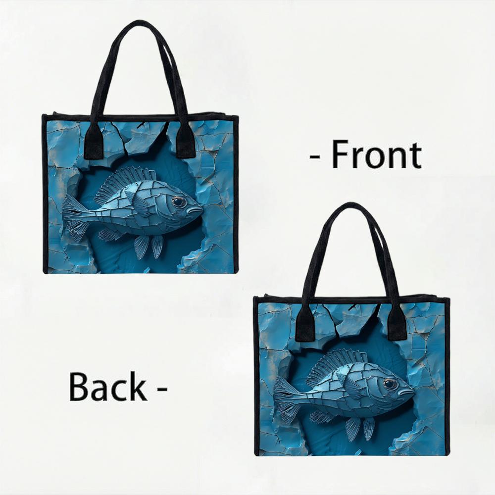 Unique Blue Fish Pattern Tote Bag Casual Reusable Shopping Bag for Daily Use