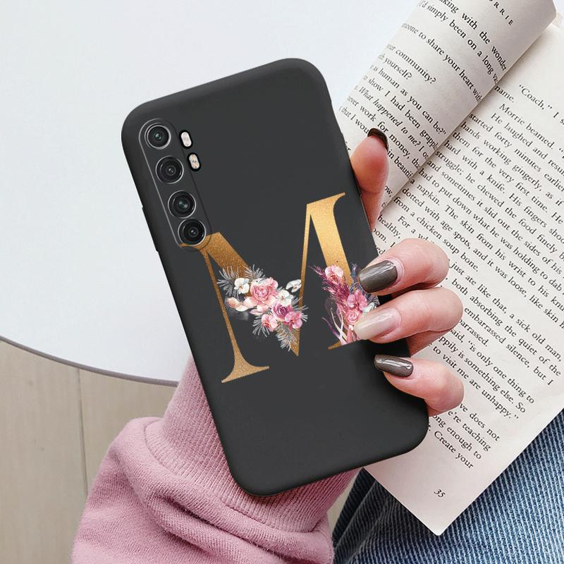 Letter Case For Xiaomi Mi Note 10 Lite Back Cover Retro Flowers Pink Black Soft TPU Initial Fundas For Xiaomi Note10 Lite Coque