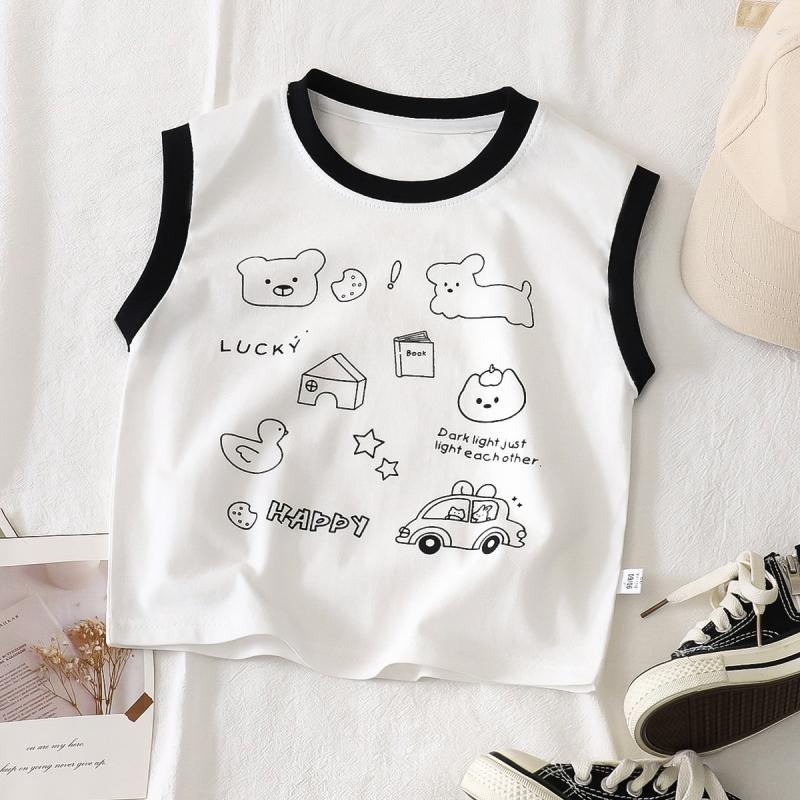 Kids Cotton Sleeveless T-shirt Summer Baby Comfortable Clothes Boys Girls Cartoon Vest Tee Children Breathable Leisure Tops