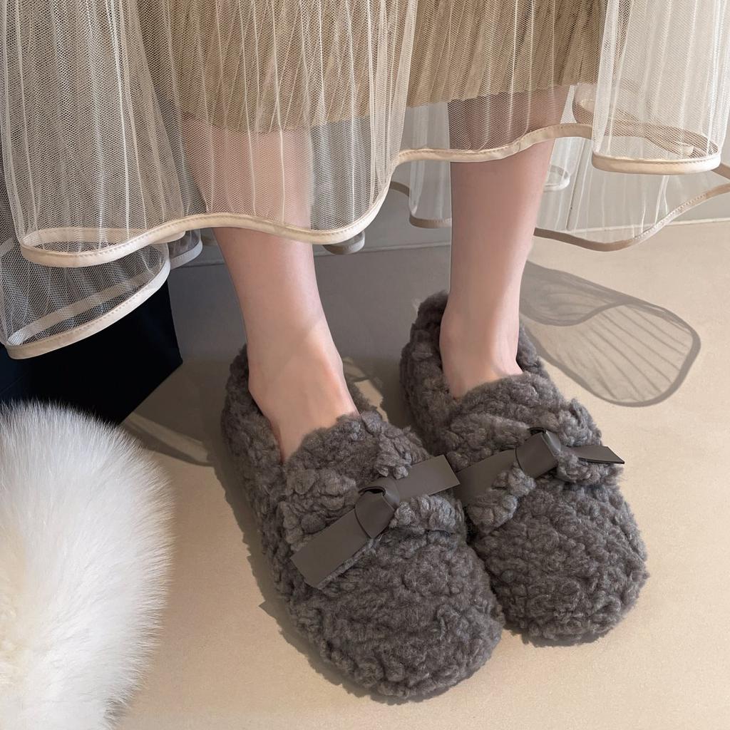 New Women's Single Shoes Wind One Pedal Fairy Bow Flat Bottom Velvet 2025 Fluffy Shoes Women's Warm Autumn and Winter Cotton Shoes