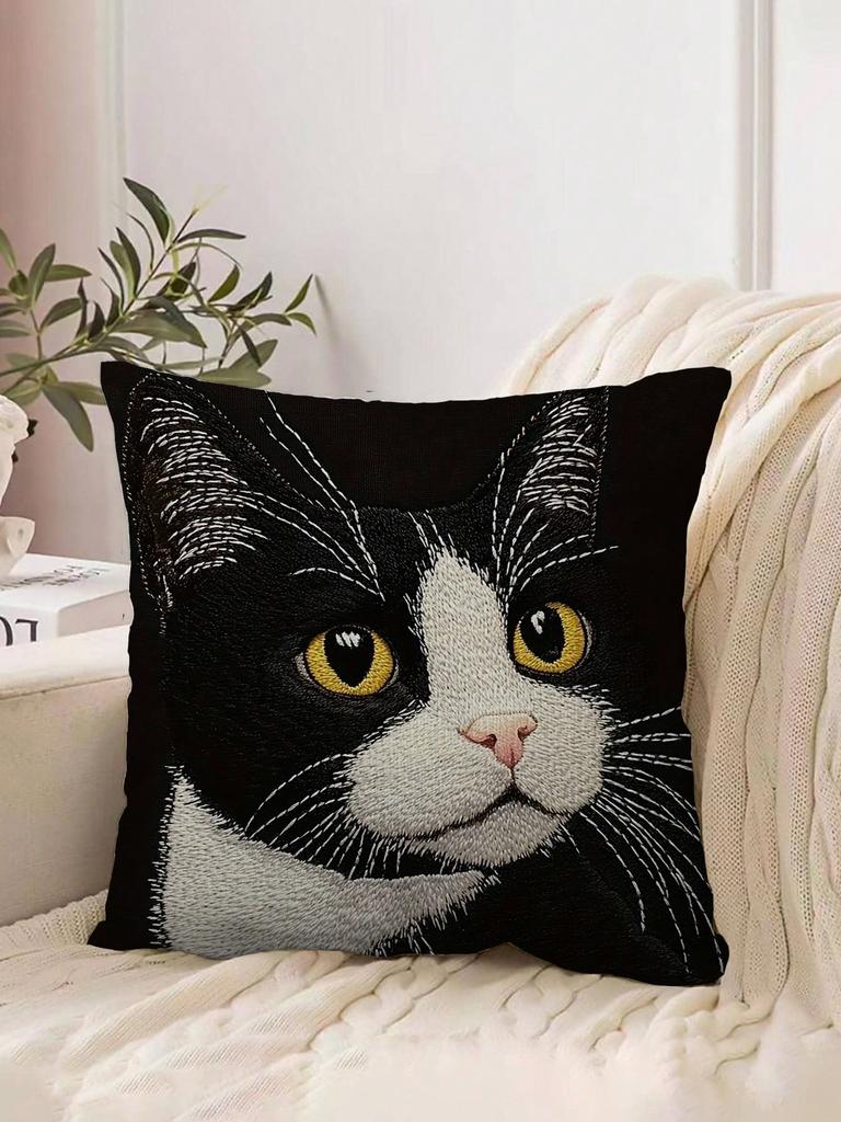 1Pc Tuxedo Cat Pillow Cover, Polyester 2D Double-Sided Print, Soft Square Cushion Case For Sofa & Bedroom, Realistic Cat Pattern