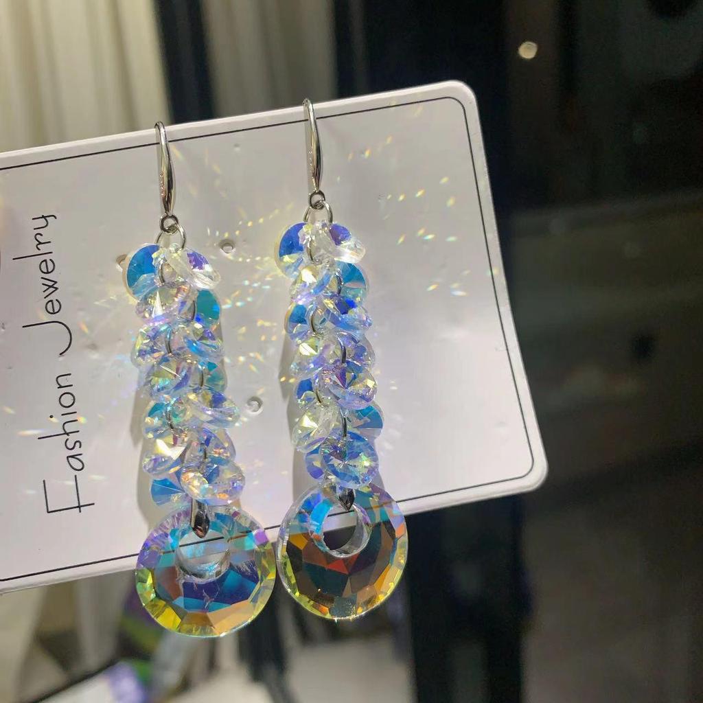 Korean Style High-End Crystal Dangle Earrings with Silver Hooks - Super Sparkly & Trendy