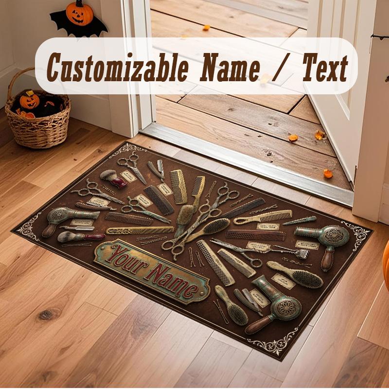 Barber Salon Theme Soft Crystal Velvet Rug Custom Name & Text Print Non Slip Floor Rug for Bedroom Living Room