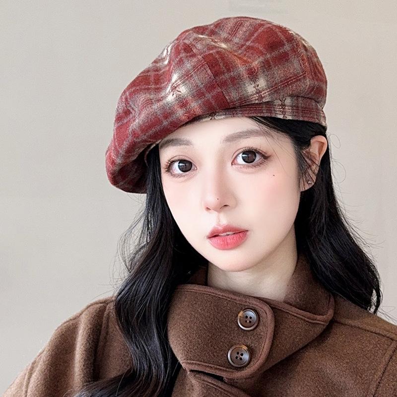 Plaid Beret Children'S Season Big Head Circumference Showing Face Small Pumpkin Hat Retro Literary Temperament Painter Hat