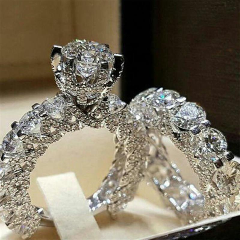 2 PCS/Set Series ! Trendy Milangirl White Crystal Round Ring Set For Women Girls Wedding Engagement Party Fashion Zircon
