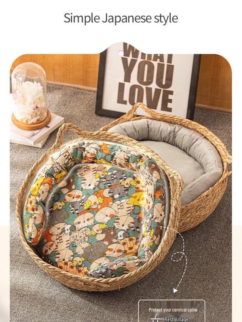 Four Seasons Rattan Cat Nest: Cozy Straw-Weaved Bed for Cats & Small Dogs