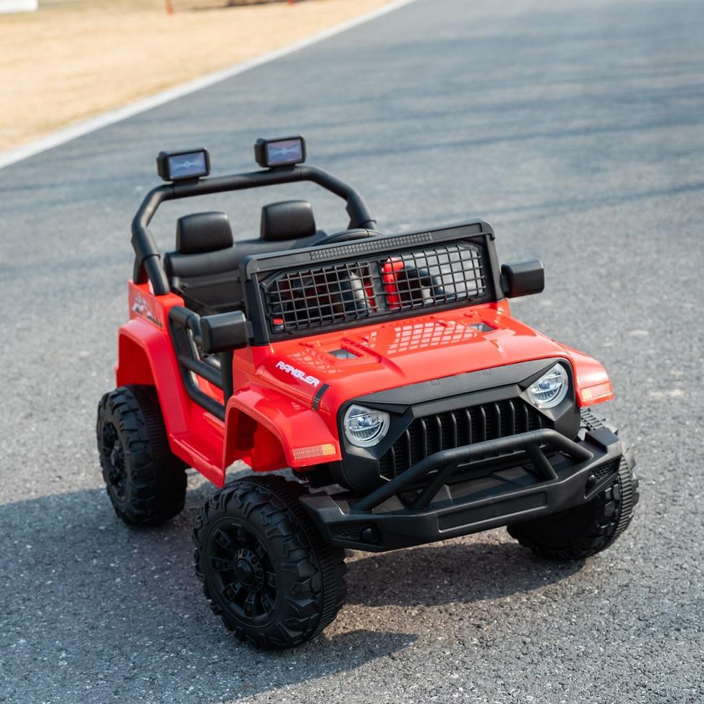 12V 7AH Ride-On Truck Jeep, Kids Electric Car with Parent Remote Control, Spring Suspension, LED Lights, Bluetooth, Music, Red